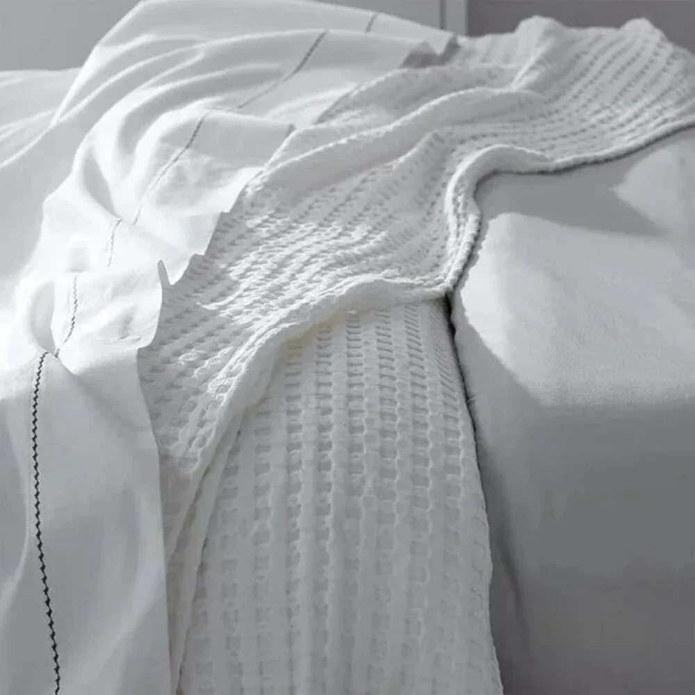 COTTON Waffle Weave Bamboo Blanket Queen Size Cream Soft Lightweight Bed Blanket